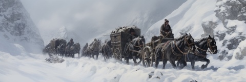 Templar assets being moved into the Alps by carriages as imagined by Midjourney AI