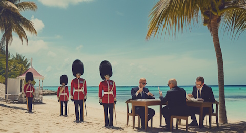 A sarcastic depiction of bankers meeting at a beach on the Cayman Islands as the King's Guard watch, generated by Midjourney AI